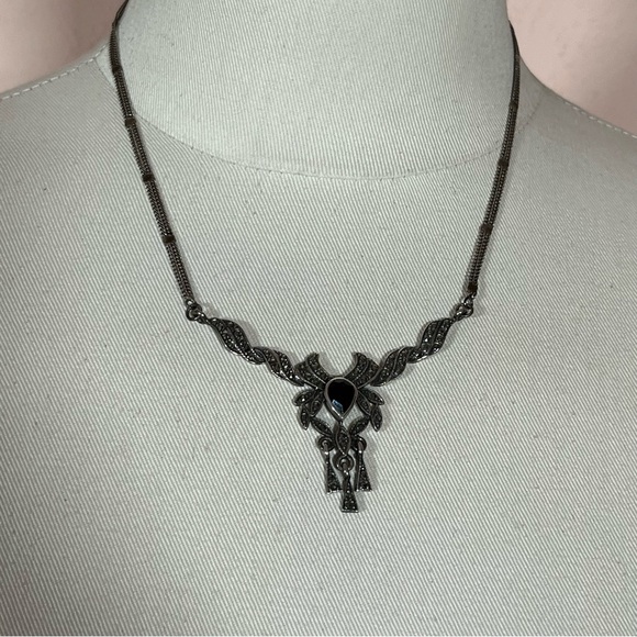 Antique Art Deco 1920's Sterling Silver Marcasite black Onyx Choker necklace - Picture 7 of 17